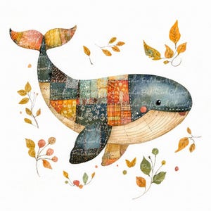 May include: A watercolor illustration of a patchwork whale with a blue, orange, and yellow color scheme. The whale is surrounded by small, autumn-colored leaves.