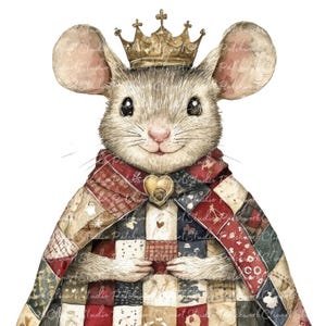 Peut inclure: Une illustration aquarelle d'une souris mignonne portant une couronne et une cape en patchwork. La souris a un charme en forme de cœur sur sa poitrine.