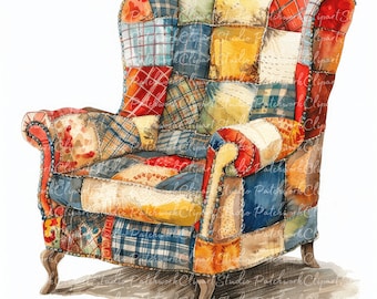 10 Armchairs Clipart Bundle, PNG & JPG, Printable Patchwork Armchair, Illustrations, Digital Download, Scrapbook Crafting, Quilt Image