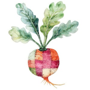 Może przedstawiać: Aquarela przedstawiająca rzodkiewkę z patchworkowym wzorem. Rzodkiewka jest żywą mieszanką czerwieni, pomarańczy, żółci i zieleni. Rzodkiewka ma zieloną, liściastą górę.