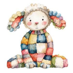 May include: A patchwork stuffed lamb toy with a white face and fluffy ears. The lamb is sitting with its legs crossed and has a colorful patchwork design.