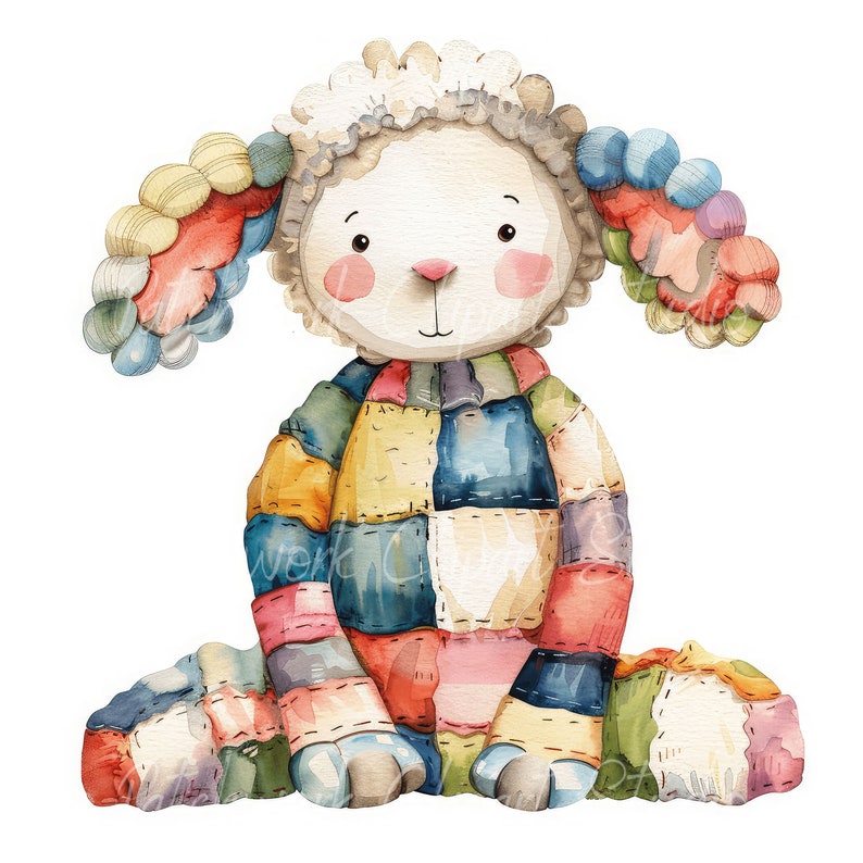 May include: A patchwork stuffed lamb toy with a white face and fluffy ears. The lamb is sitting with its legs crossed and has a colorful patchwork design.