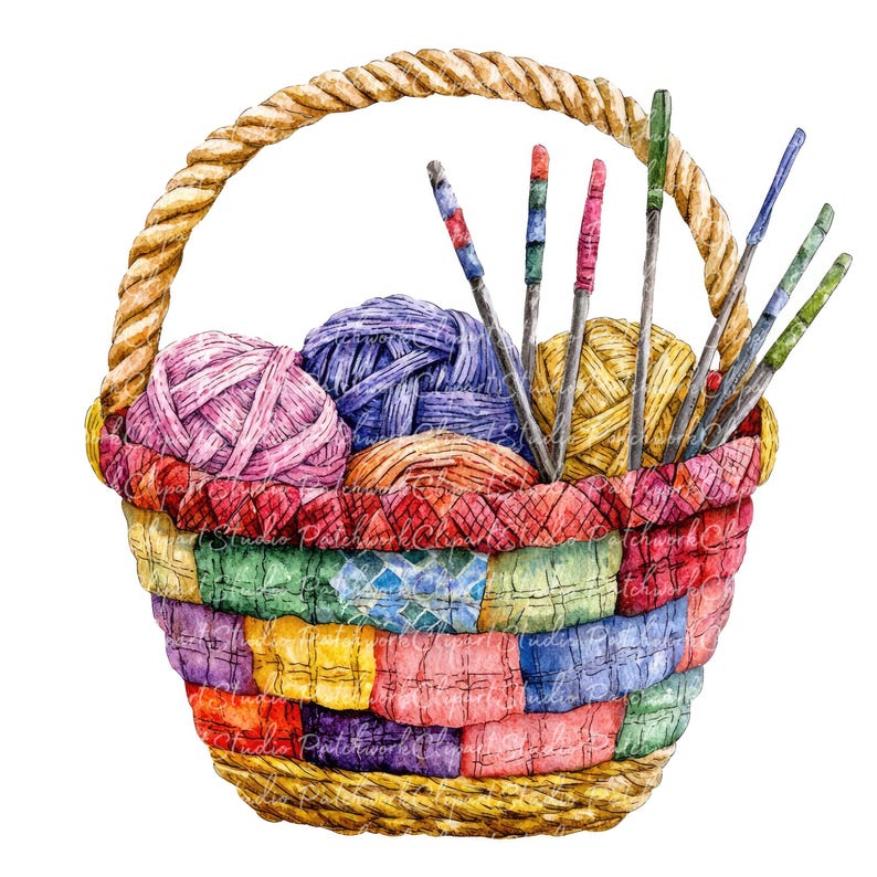 10 Basket With Yarn Clipart Bundle, PNG & JPG, Patchwork Knitting ...