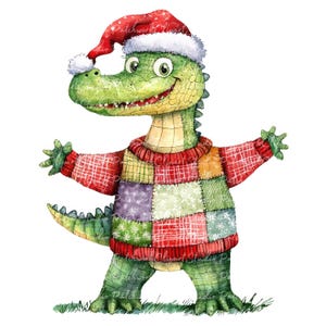 10 Christmas Crocodile Clipart Bundle, PNG & JPG, Printable Patchwork, XMAS Illustrations, Digital Download, Scrapbook Crafting, Quilt Image