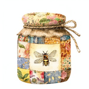 10 Honey Jars Clipart Bundle, PNG & JPG, Printable Patchwork Honey, Illustrations, Digital Download, Scrapbook Crafting, Quilt Image