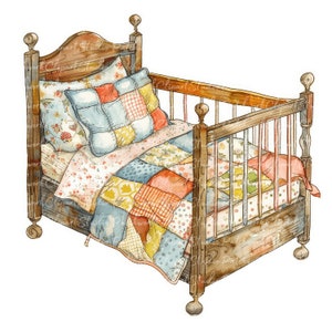 10 kinderbedden clipartbundel, png en jpg, afdrukbaar patchworkbed, illustraties, digitale download, scrapbooking, quilten