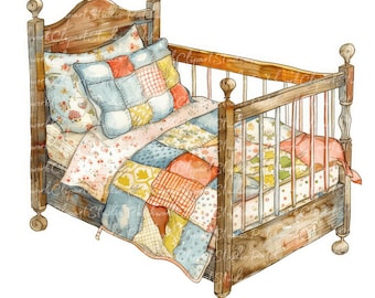 10 Children&#39;s Beds Clipart Bundle, PNG & JPG, Printable Patchwork Bed, Illustrations, Digital Download, Scrapbook Crafting, Quilting