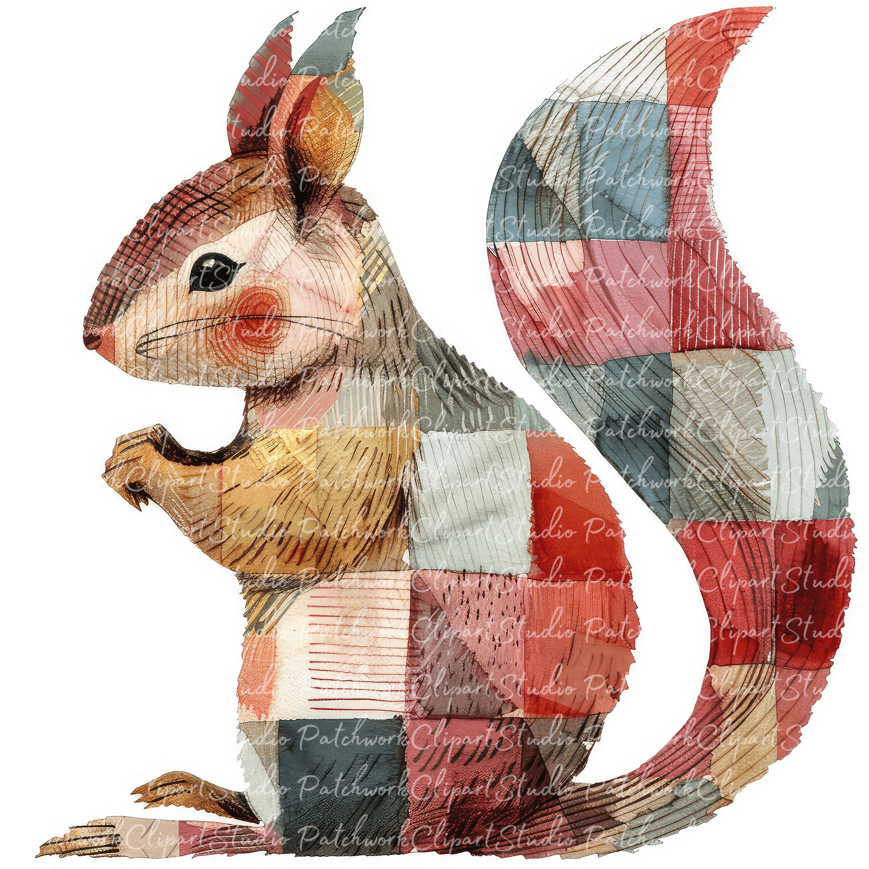 10 Squirrels Clipart Bundle, Printable Patchwork Squirrel, Quilted ...