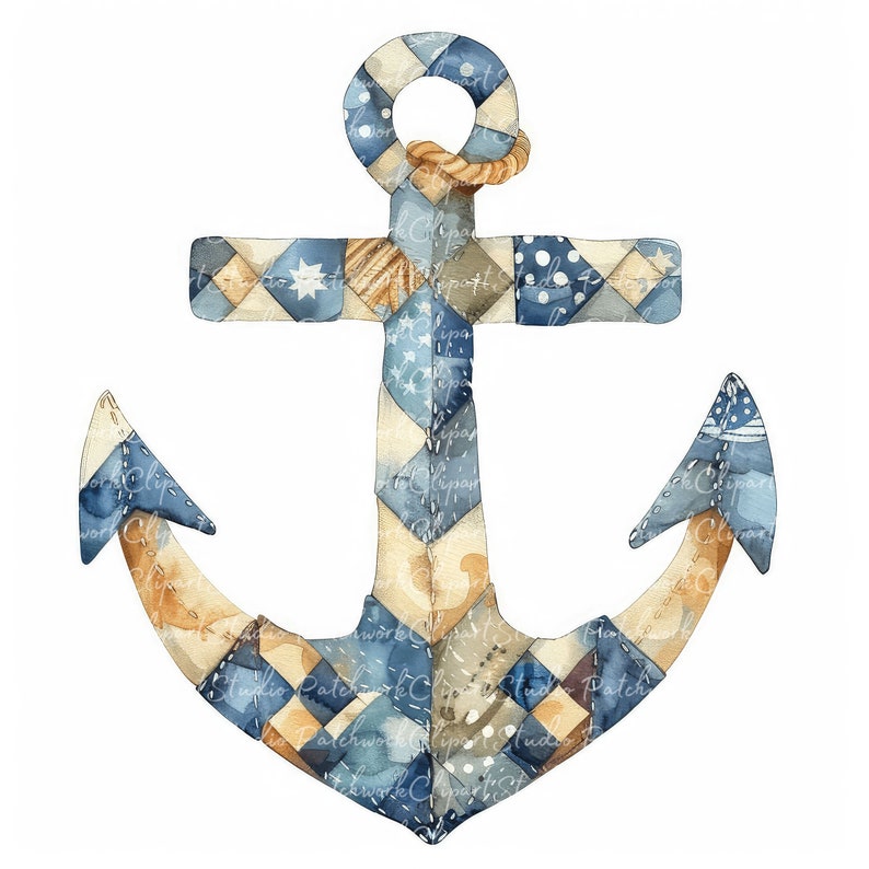 10 Anchors Clipart Bundle, Printable Patchwork Anchor, Quilted Fabric ...