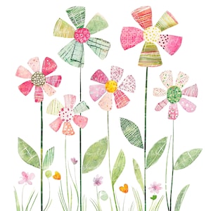 Puede incluir: Una ilustración de acuarela de un jardín con cinco flores coloridas. Las flores son rosas, verdes y amarillas con un diseño de patchwork. Las flores están en tallos verdes con hojas verdes.