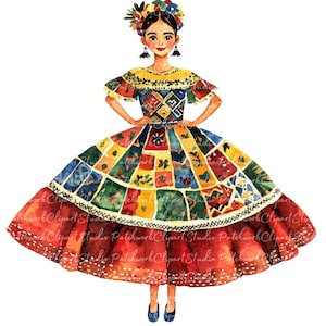 12 Beautiful Mexican Woman Clipart Bundle, PNG & JPG, Printable Patchwork Illustrations, Digital Download, Beautiful Mexican Girl in Dress