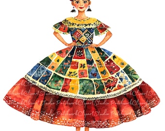 12 Beautiful Mexican Woman Clipart Bundle, PNG & JPG, Printable Patchwork Illustrations, Digital Download, Beautiful Mexican Girl in Dress