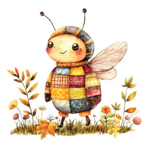 May include: A watercolor illustration of a cute bee wearing a patchwork sweater and standing in a field of fall foliage. The bee has a yellow and brown body with a red and blue sweater. The bee has a pair of wings and a smiling face.