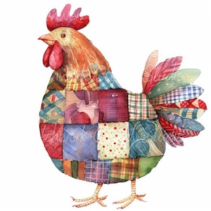 Lot de 10 cliparts poulets, PNG & JPG, poulet patchwork imprimable, illustrations, téléchargement numérique, créations de scrapbooking, image de courtepointe