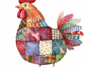 10 Chickens Clipart Bundle, PNG & JPG, Printable Patchwork Chicken, Illustrations, Digital Download, Scrapbook Crafting, Quilt Image