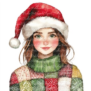 10 bundle di clipart di donne di Natale, PNG e JPG, patchwork stampabile, illustrazione invernale di Natale, download digitale, artigianato di scrapbooking, immagine di trapunta