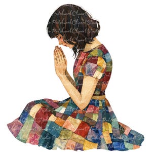 10 brunette vrouw bidden clipartbundel, png en jpg, afdrukbare patchwork vrouwenafbeeldingen, digitale download, scrapbook crafting, biddende vrouw