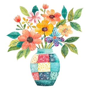 10 bloemen in turquoise vaas clipartbundel, png en jpg, afdrukbare afbeeldingen van patchworkbloemen, digitale download, scrapbook ambachten, quiltafbeelding