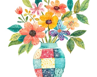 10 Flowers in Turquoise Vase Clipart Bundle, PNG & JPG, Printable Patchwork Flowers Images, Digital Download, Scrapbook Crafts, Quilt Image