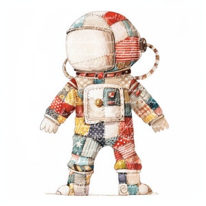 10 Astronauts Clipart Bundle, PNG & JPG, Printable Patchwork Astronaut, Illustrations, Digital Download, Scrapbook Crafting, Quilt Image