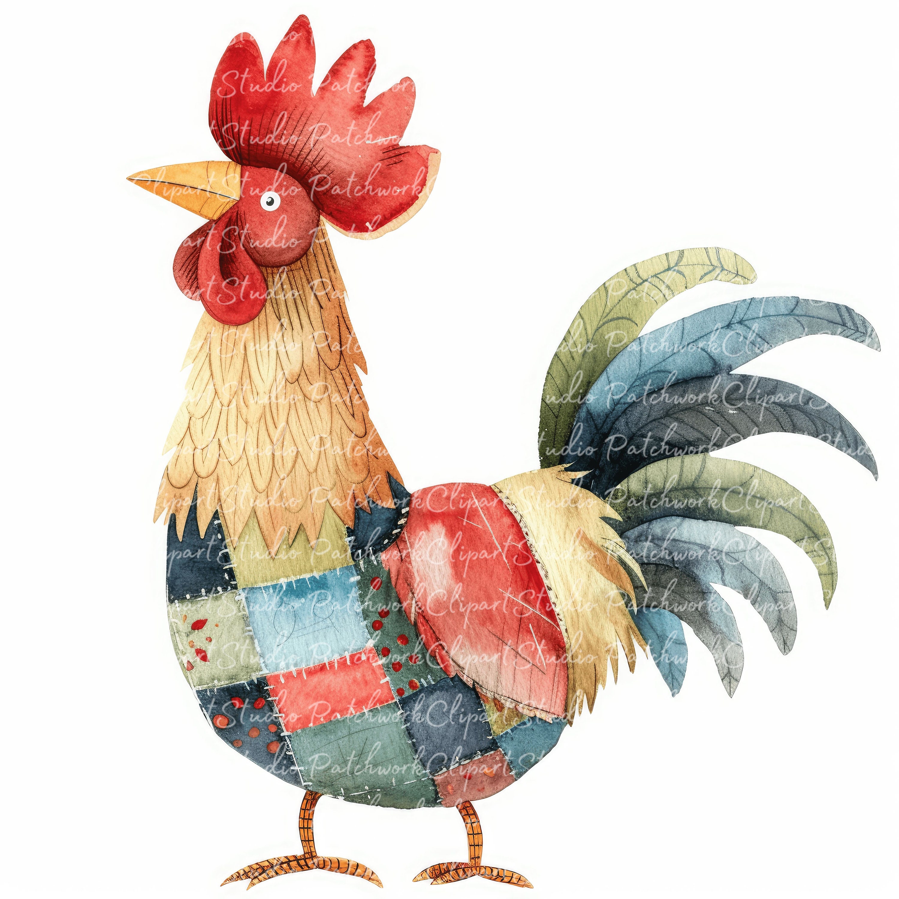 10 Roosters Clipart Bundle, Printable Patchwork Rooster, Quilted Fabric ...