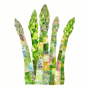 Pode incluir: Ilustração em aquarela de cinco espargos. As pontas e os talos são de um verde vibrante e texturizado. Os talos são compostos por quadrados de patchwork em várias tonalidades de verde e bege, criando um efeito artístico único.