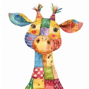 May include: A colorful patchwork giraffe with a smiling face. The giraffe is made of different colored squares and rectangles, and has a yellow nose and brown eyes.