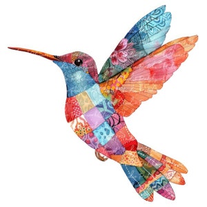 Lot de 10 colibris, PNG & JPG, colibri en patchwork imprimable, illustrations, téléchargement numérique, créations de scrapbooking, image de courtepointe