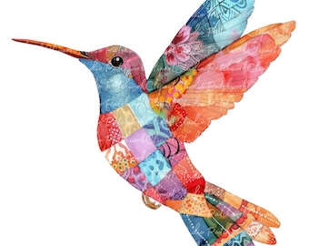 10 Hummingbirds Clipart Bundle, PNG & JPG, Printable Patchwork Hummingbird, Illustrations, Digital Download, Scrapbook Crafting, Quilt Image