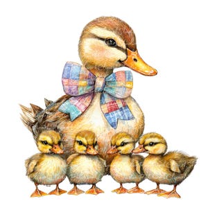 May include: Watercolor illustration of a mother duck with a patchwork bow tie, surrounded by four fluffy ducklings. The ducklings are yellow and brown, with orange beaks. The mother duck is brown and tan.