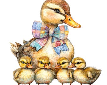 10 Duck and Ducklings Clipart Bundle, PNG & JPG, Printable Patchwork Ducks Illustrations, Digital Download, Scrapbook Crafting, Quilt Image
