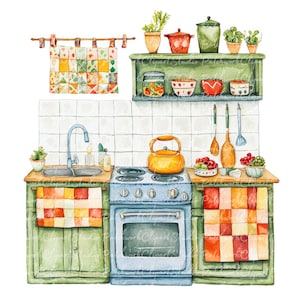 May include: Watercolor illustration of a kitchen scene with a blue stove, green cabinets, and a sink. The kitchen is decorated with colorful patchwork towels, a yellow kettle, and various pots and plants. A shelf holds jars and bowls.