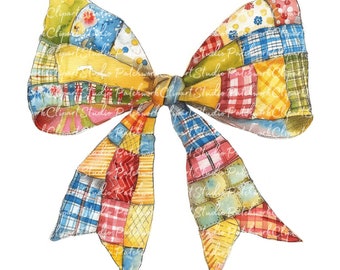 10 Bows Clipart Bundle, PNG & JPG, Printable Patchwork Bow, Illustrations, Digital Download, Scrapbook Crafting, Ribbon Quilt Image