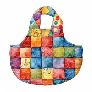 May include: A colorful patchwork fabric tote bag with a rounded bottom and a single handle. The bag is made of various squares of fabric in shades of red, orange, yellow, green, blue, purple, and pink. Each square has a different pattern, including polka dots, stripes, and floral designs.