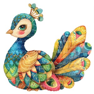 Paquete de 10 imágenes prediseñadas de pavos reales, PNG y JPG, pavo real de patchwork imprimible, ilustraciones, descarga digital, manualidades con álbumes de recortes, imagen de colcha