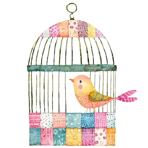 Paquete de 10 imágenes prediseñadas de jaulas de pájaros (PNG y JPG), ilustraciones de pájaros de patchwork imprimibles, descarga digital, manualidades con álbumes de recortes, imagen de jaula de pájaros adorable