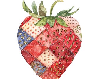 10 Strawberries Clipart Bundle, PNG & JPG, Printable Patchwork Strawberry, Illustrations, Digital Download, Scrapbook Crafting, Quilt Image