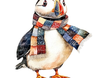 10 Winter Puffin Clipart Bundle, PNG & JPG, Printable Patchwork Puffin Images, Digital Download, Scrapbook Crafting, Puffin with Scarf Image