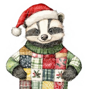 Lot de 10 cliparts de Noël blaireau, PNG & JPG, patchwork imprimable, illustrations de Noël, téléchargement numérique, créations de scrapbooking, image de courtepointe