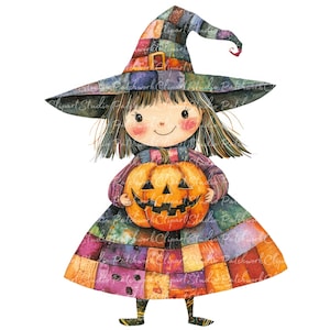 May include: Watercolor illustration of a girl dressed as a witch holding a carved pumpkin. She wears a patchwork dress and hat with a buckle. The image has a Halloween theme and is set against a white background.