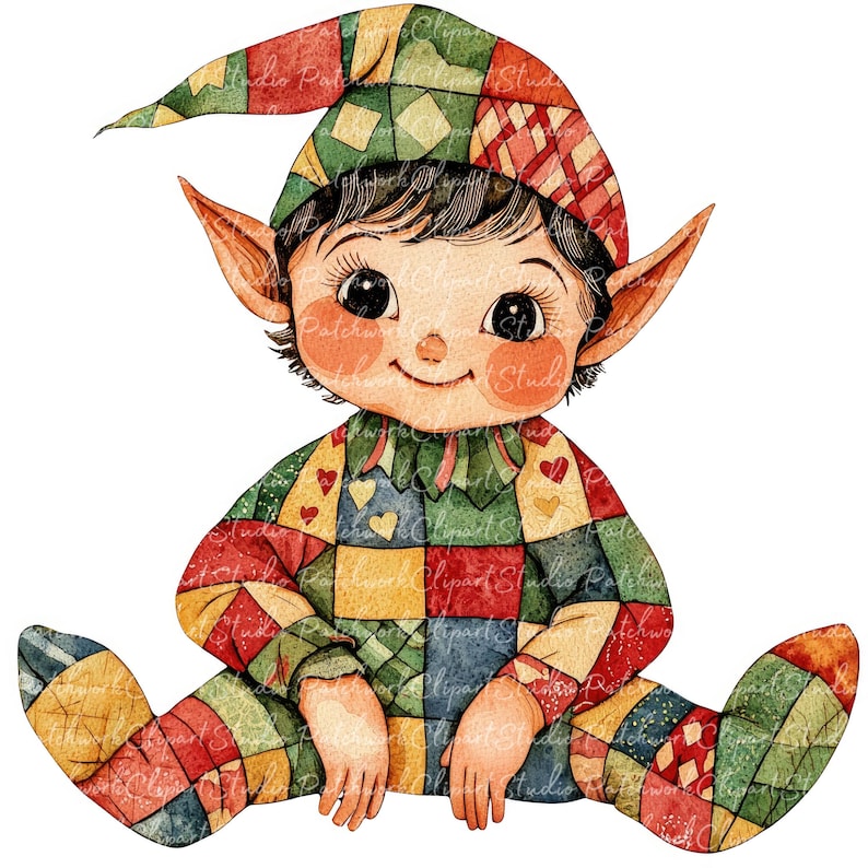 10 Elf Clipart Bundle, PNG & JPG, Printable Patchwork Christmas Elf ...