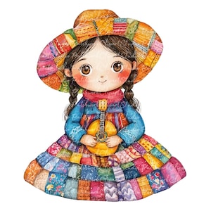 Pacchetto di 10 Clipart di donne messicane, PNG e JPG, illustrazioni di ragazze messicane patchwork stampabili, download digitale, album di ritagli, immagine di quilt