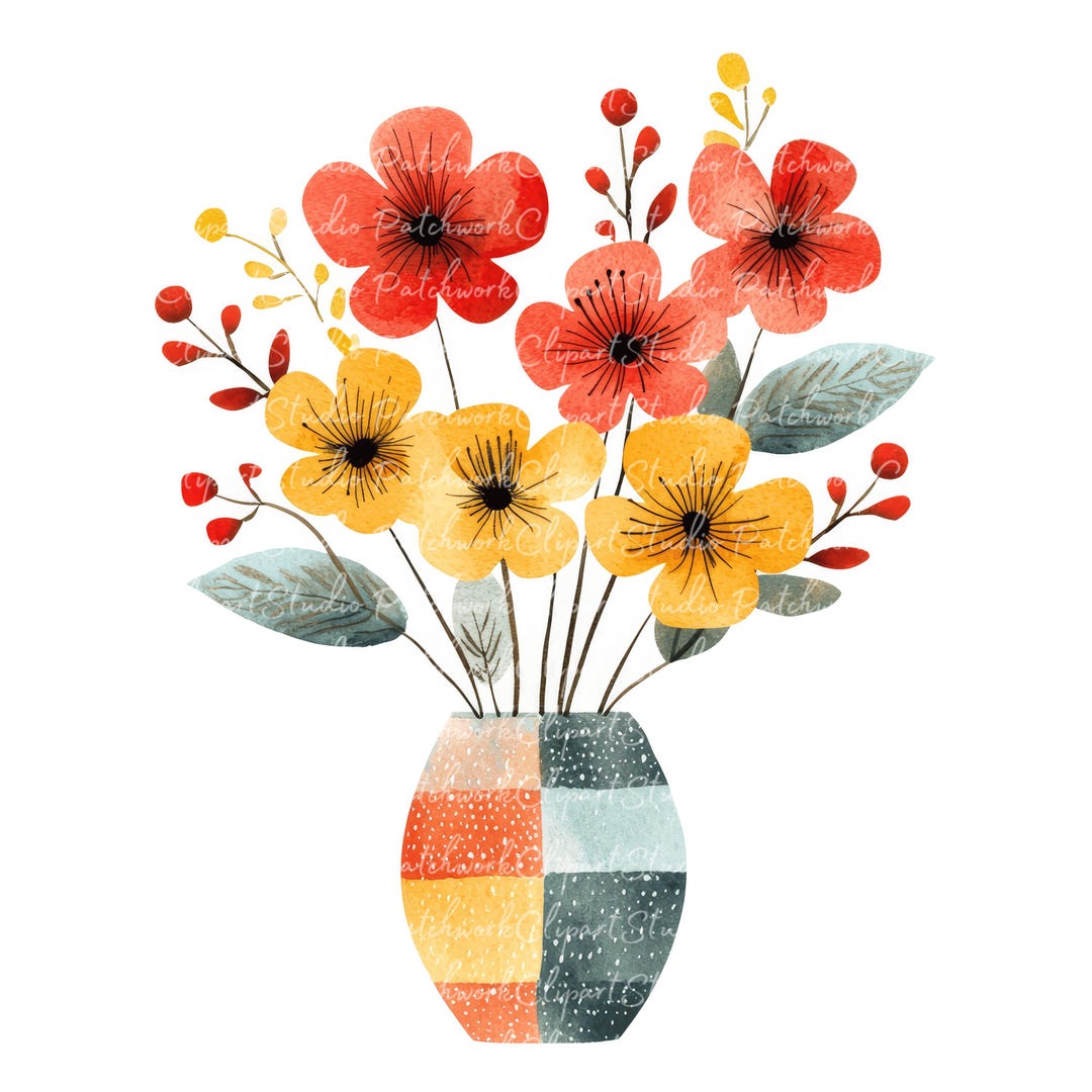 花瓶に入った赤と黄色の花 10 個セット クリップアート バンドル、PNG