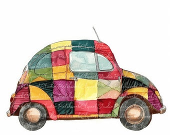 10 Cars Clipart Bundle, PNG & JPG, Printable Patchwork Car, Illustrations, Car Digital Download, Scrapbook Crafting, Quilt Image  Car