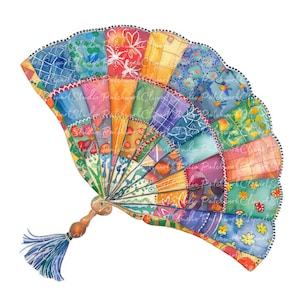Lot de 10 cliparts, PNG & JPG, éventail imprimable en patchwork, illustrations, téléchargement numérique, créations de scrapbooking, image de fan de courtepointe