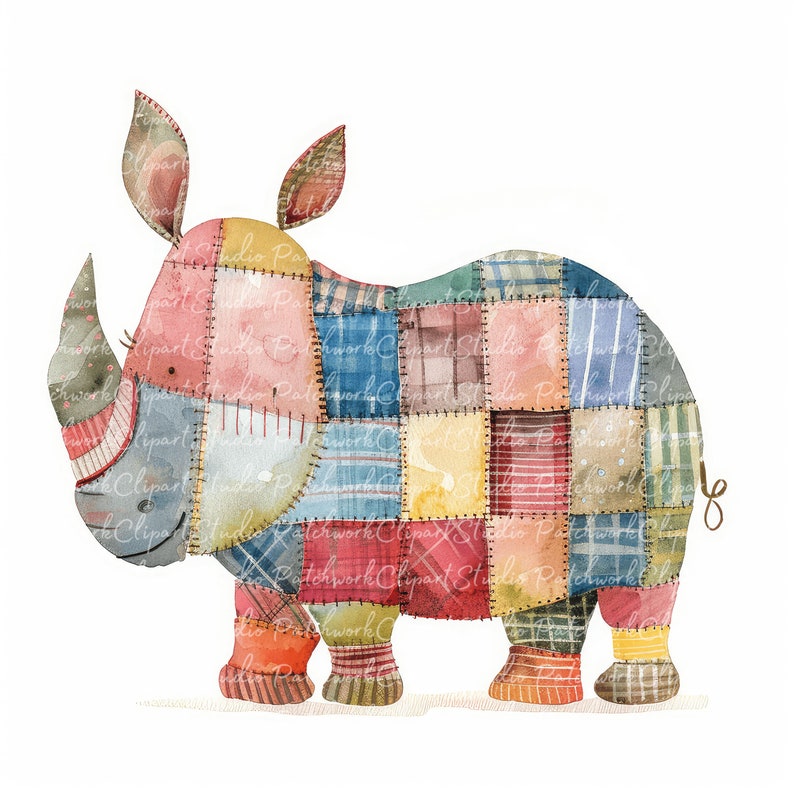 10 Rhinos Clipart Bundle, Printable Patchwork Rhinoceros, Quilted
