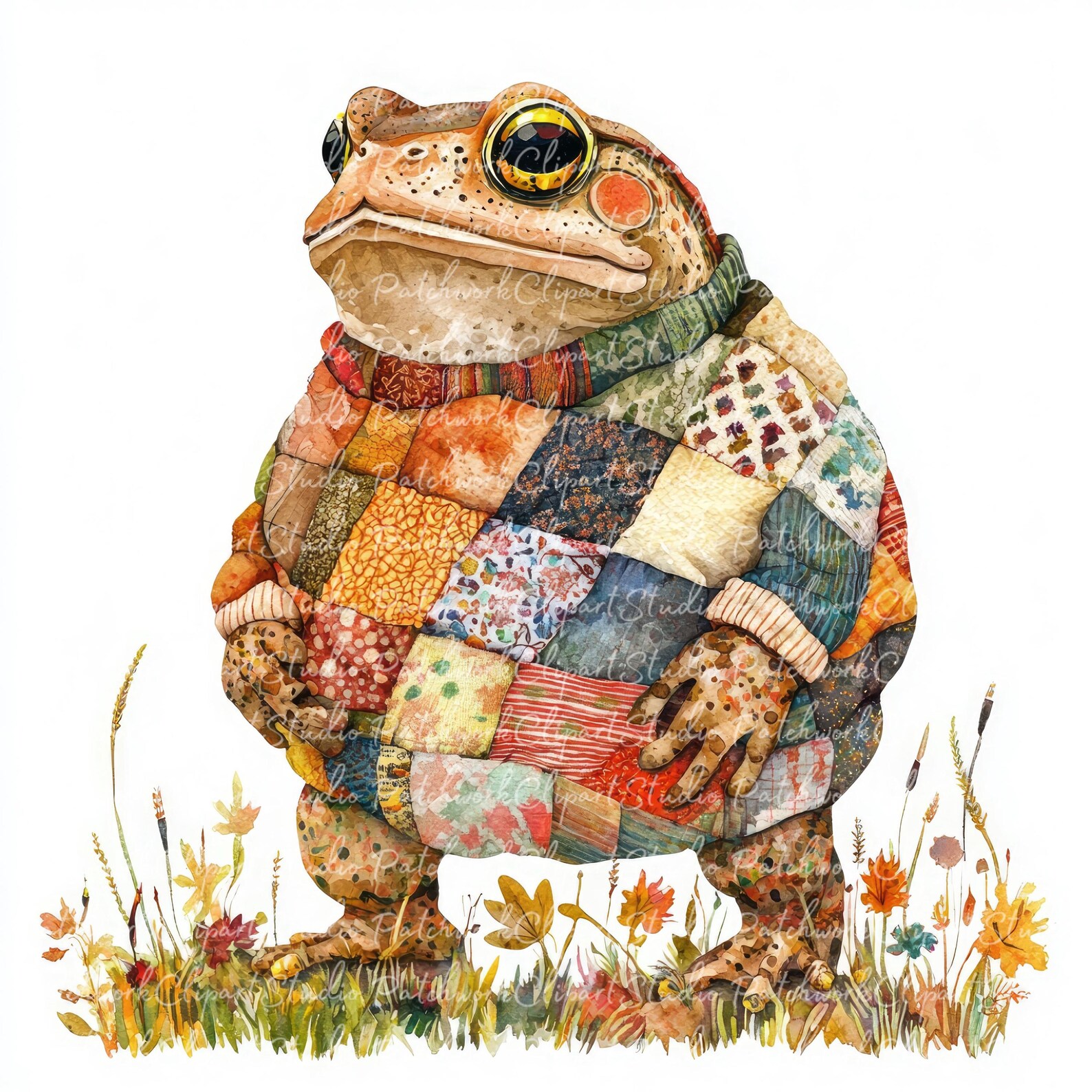 10 Autumn Frog Clipart Bundle, PNG & JPG, Printable Patchwork, Frog in ...