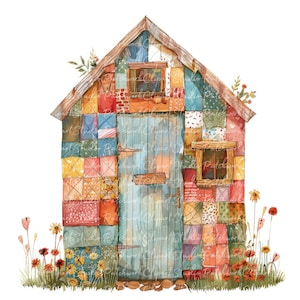 Paquete de 10 imágenes prediseñadas de cobertizo de jardín, PNG y JPG, cobertizo de patchwork imprimible, ilustraciones, descarga digital, manualidades con álbumes de recortes, imagen de cobertizo de patchwork