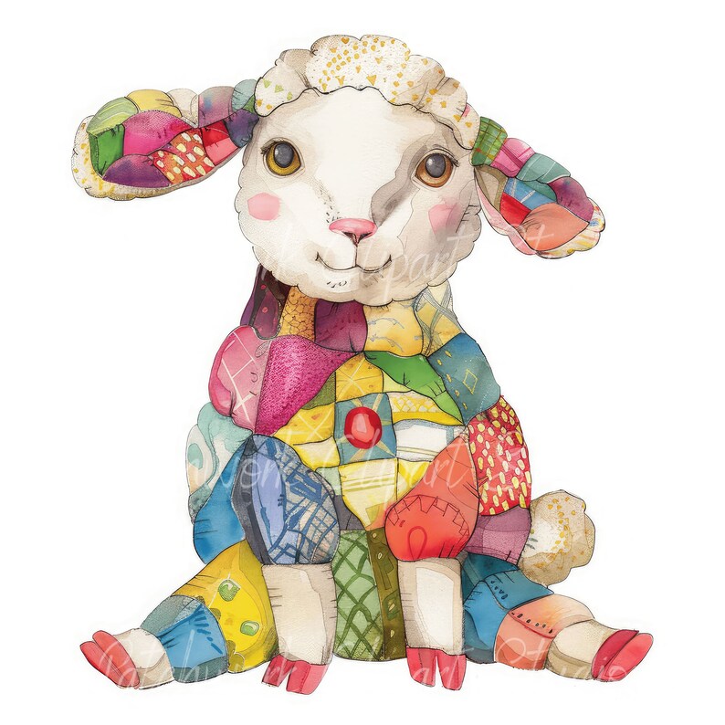 May include: A patchwork quilt lamb with a white face and a pink nose. The lamb is sitting with its legs crossed and its ears are floppy. The quilt is made of many different colors and patterns.