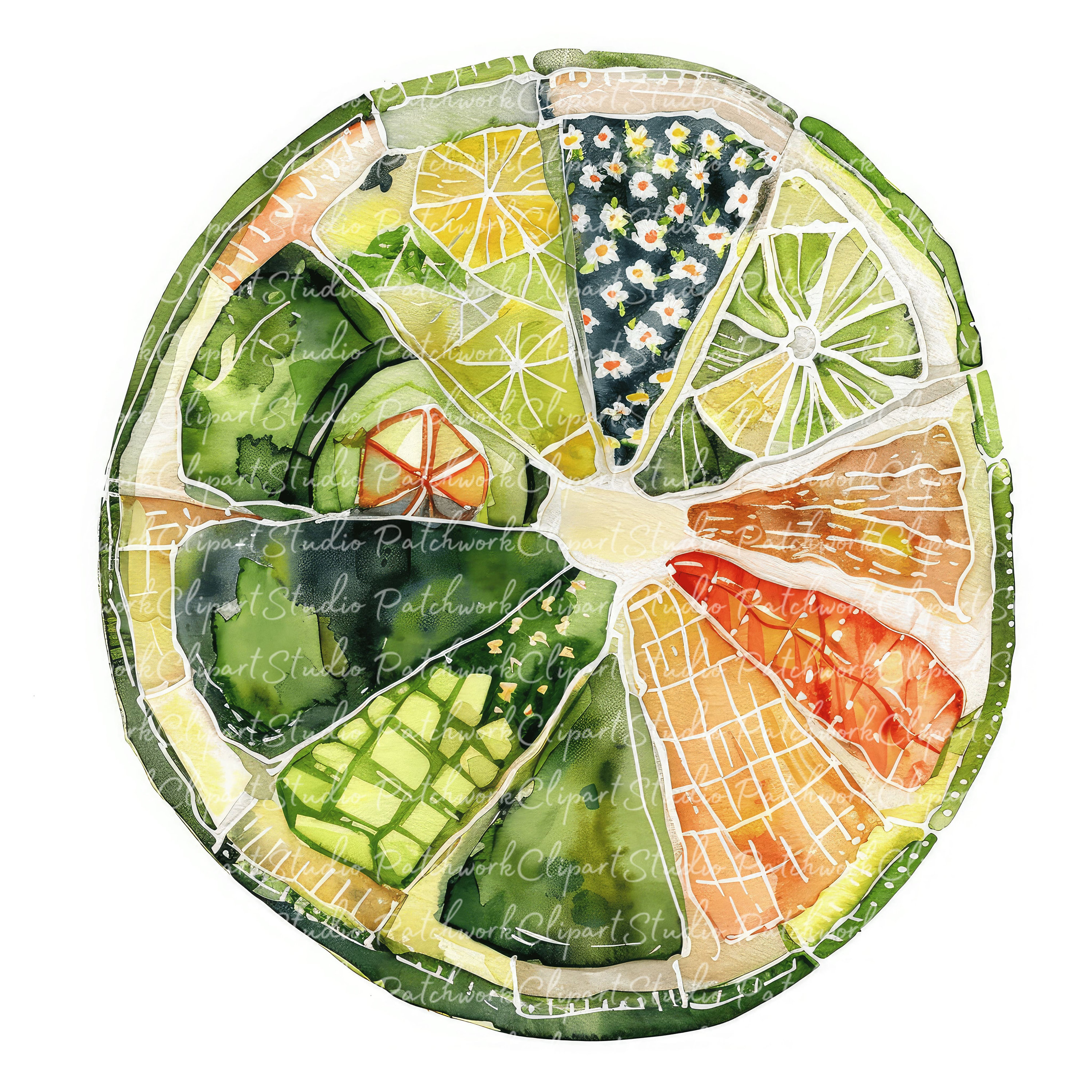 10 Limes Clipart Bundle, Printable Patchwork Green Lime, Quilted Fabric Illustrations, Digital ...